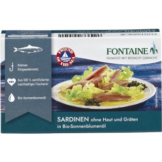 Fontaine Sardinen ohne Haut und Gräten in Bio Sonnenblumenöl 120 g über Bestand hinaus voraussichtlich Mitte Mai wieder lieferbar